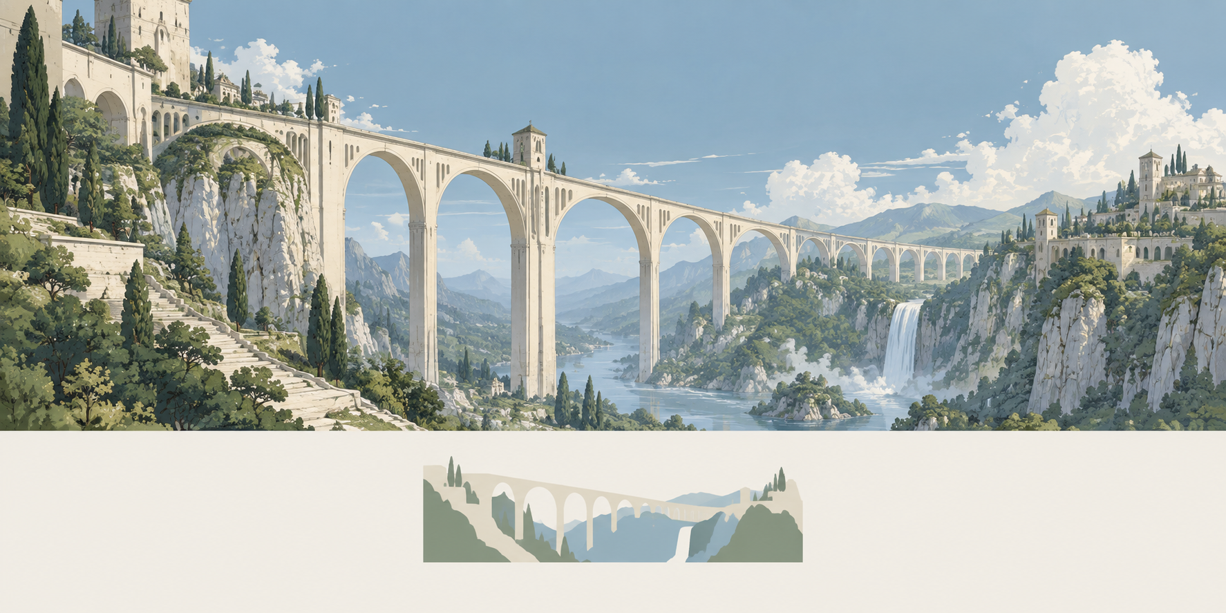 天空、石拱与山谷组成的原创主题插画，下方为对应的抽象构成
